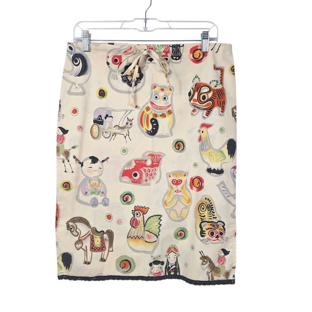 Beebop & Wally Pencil Skirt Women XS Cream Novelty Folk Art Animal Print Cotton